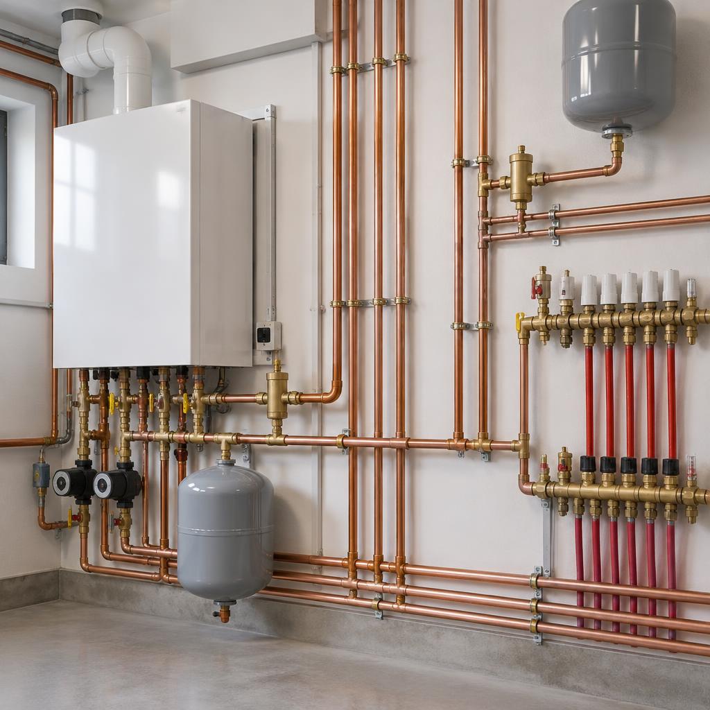 Detailed copper pipework and carefully organized heating equipment